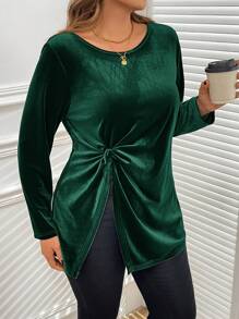 SHEIN Clasi 大码纯色天鹅绒圆领长袖休闲 T 恤，简约时尚 - 墨綠色 - 查看 4