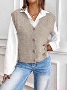 SHEIN Unity Women's Casual Plain Single-Breasted V-Neck Sweater Vest Cardigan For Autumn/Winter - Mocha Brown - View 2