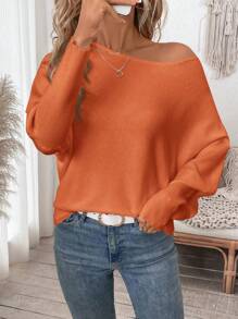 SHEIN LUNE 女士休闲露肩蝙蝠袖套头纯色针织毛衣，宽松针织上衣，适合秋冬季 - 珊瑚橙 - 查看 4