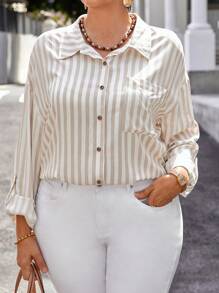 EMERY ROSE Plus Size Winter Clothes For Women Casual Striped Print Front Button Down Pockets Long Sleeve Shirt,