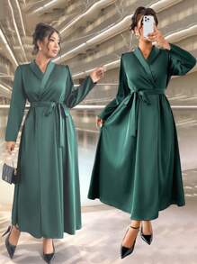 SHEIN Unity Đầm nữ tay dài cổ buộc eo màu xanh ngọc lục bảo bóng cỡ lớn thanh lịch - Màu xanh lá cây đậm - Xem 3