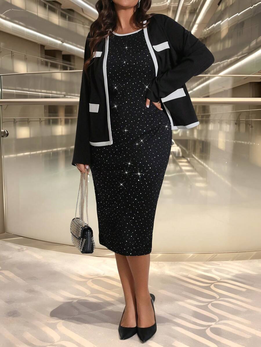 SHEIN Clasi 女式春秋撞色饰边上衣和闪亮亮片网眼拼接连衣裙 2 件套服装 - 黑色 - 查看 1