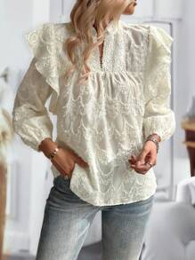 Chiquease Women Casual Commuter Lace Patchwork Jacquard Fabric Long Lantern Sleeve Small V-Neck Blouse - Apricot - View 5