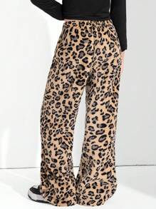 1pc Tween Girls Leopard Fleece Straight Leg Casual Pants, Autumn/Winter