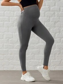 SHEIN Pregnant Women's Solid Color Asymmetric Waist Everyday Fitness Sports Leggings - Grey - View 5