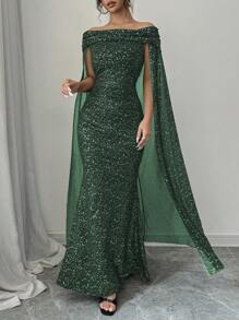 Rafferiza Vestido capa elegante y casual de mujer con ajuste delgado, minimalista y de lujo con hombros descubiertos y brillo