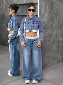 SHEIN Tienermeisje Y2K Blauwe Denim Thermische Gevoerde Kleur Blokkerende Tailleband Wijde Pijpen Broek, Herfst/Winter, Meisjes Herfst En Winterkleding, Coole Outfit/Meisjes Thanksgiving Outfit