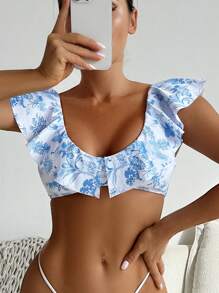 Summer Beach Vacation Ruffled Round Neck Bikini Top - Blue and White - View 3