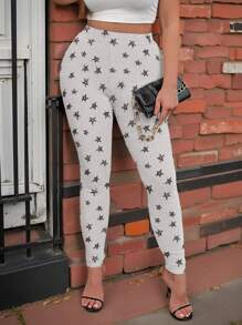 SHEIN LUNE Leggings casuales de punto con estampado para mujer de talla grande, otoño/invierno