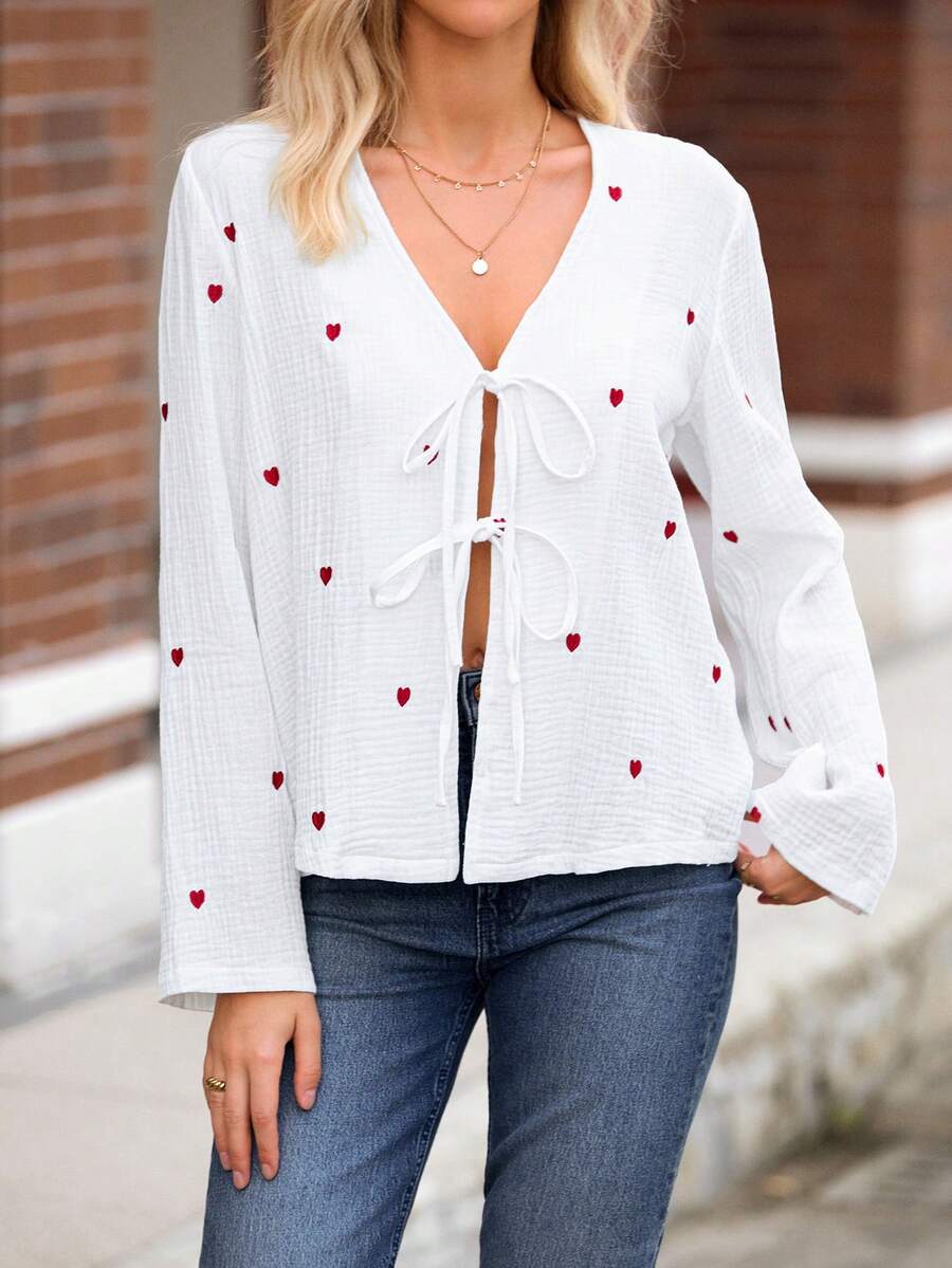 SHEIN VCAY Áo cánh tối giản buộc phía trước họa tiết trái tim dài tay cho nữ - trắng - Xem 1