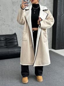 SHEIN EZwear Veste grande taille automne-hiver épaisse et chaude, en suède imitation lapin fourrure, avec col châle oversize et broderie de contraste