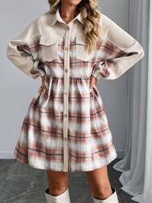SHEIN LUNE Women's Long Sleeve Collared Pocket Pleated Waist Plaid Ruffle Trim Multi-Color Jacket