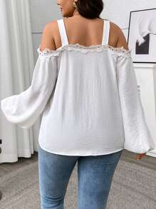 SHEIN LUNE Áo sơ mi hở vai viền ren màu trơn thanh lịch cỡ lớn, mùa thu - trắng - Xem 2