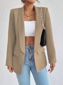 EMERY ROSE Elegant Solid Color Shawl Collar Thin Long Sleeve Office Wear Blazer Jacket Fall Cloth For Women - Khaki - View 1