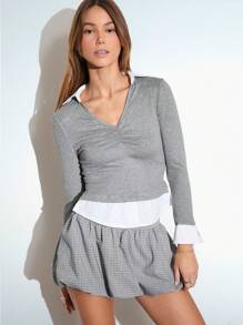 SHEIN Unity Váy siêu ngắn xếp ly lưng cao họa tiết kẻ caro xám thời trang nữ, mùa thu/đông - màu đen - Xem 4