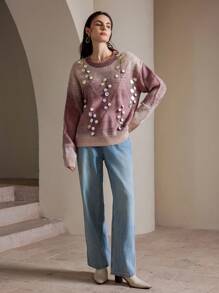 Anewsta Suéter moderno de mujer con pesadas lentejuelas y patrón de flores aleatorio para ropa de Año Nuevo