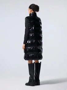 LYSMO 女士纯色前拉链立领长款背心休闲棉服外套，冬季 - 黑色 - 查看 2