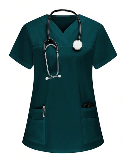 PopScrub Women Short Sleeve Double Pocket Nurse Scrub Top Uniform