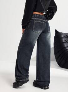 SHEIN PETITE Women's Low-Waist Wide Leg Printed Denim Jean Pants, Blue