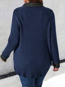 EMERY ROSE Plus Size Women's Fuzzy Black Spliced Shirt Collar Fall Jacket,Winter Clothes For Women - Blue - View 2