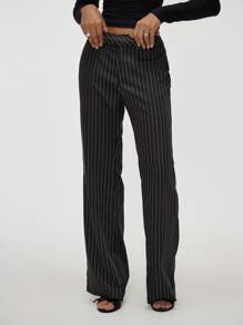 Forever 21 Quần âu kẻ sọc cạp thấp không đối xứng bó sát dáng loe thời trang thu đông cho nữ - Xám - Xem 4