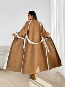 Flirla Chaqueta larga de talla grande informal con falso y ribete de pelo