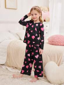SHEIN 2pcs/Set Minimalist Heart Print Casual Round Neck Long Sleeve Loose & Comfy Pajama Set For Young Girls, Valentine's Day Sibling Outfits (Sold Separately) - Black - View 4