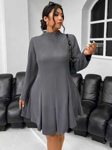 Firerie Plus Size Women Solid Gray Flared Sleeve Stand Collar Pleated Mini Dress, Autumn/Winter