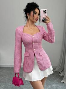 Chiquease 女士休闲针织鸡心领长袖单排扣西装外套 - 粉色 - 查看 3