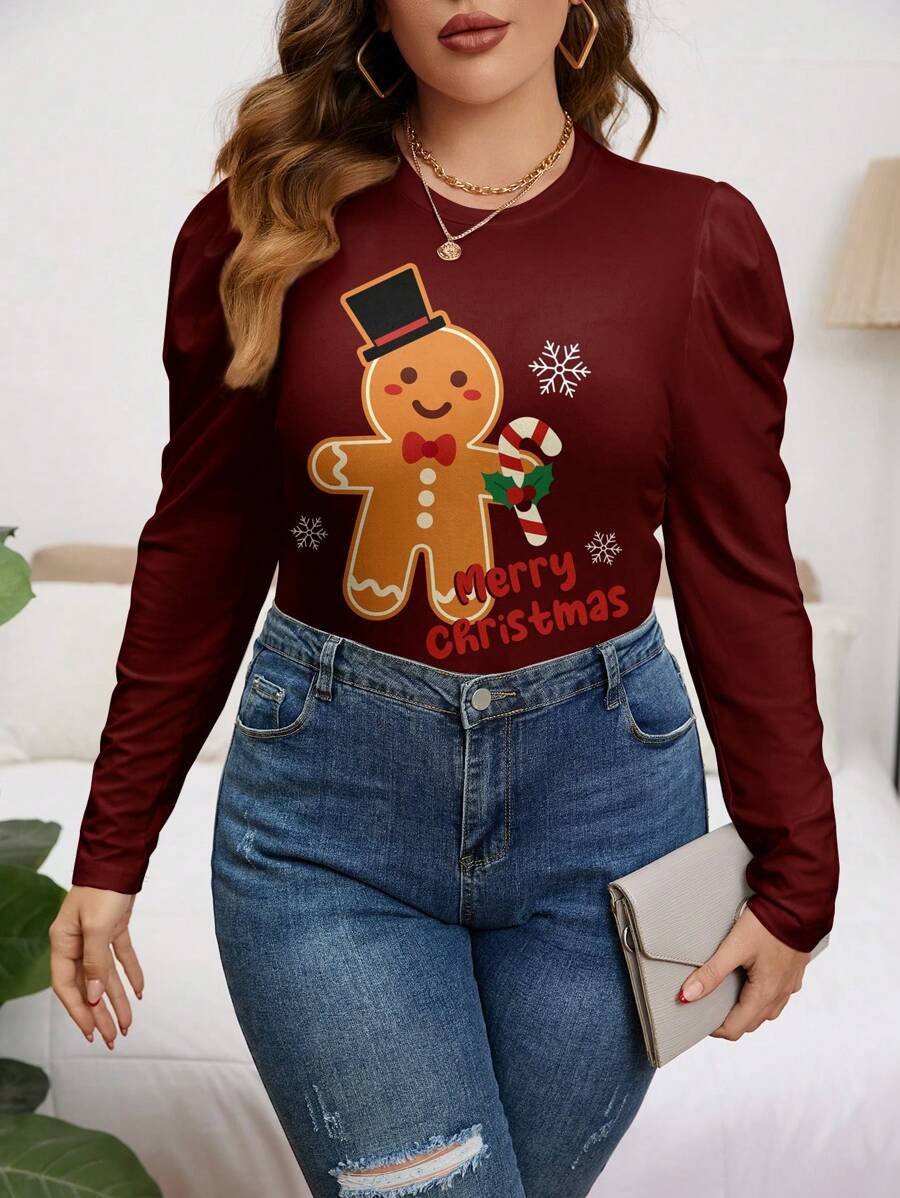 SHEIN Clasi 休闲简约大码女式纯色长袖 T 恤 - 酒紅色 - 查看 1