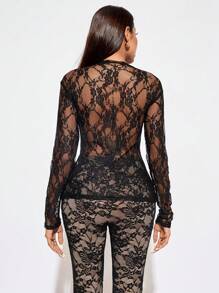 SHEIN SXY Black Lace Patchwork Sexy Long Sleeve Blouse,Long Sleeve Lace Top,Black Long Sleeve Top,Lace Long Sleeve,Sheer Long Sleeve Top, - Black - View 4