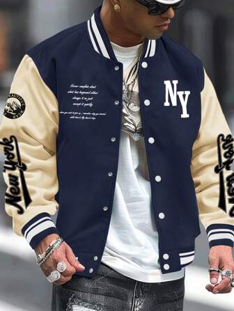 Manfinity LEGND Men's Long Sleeve Casual Street Style Slogan Print Contrast Color Varsity Bomber Baseball Jacket, For Fall