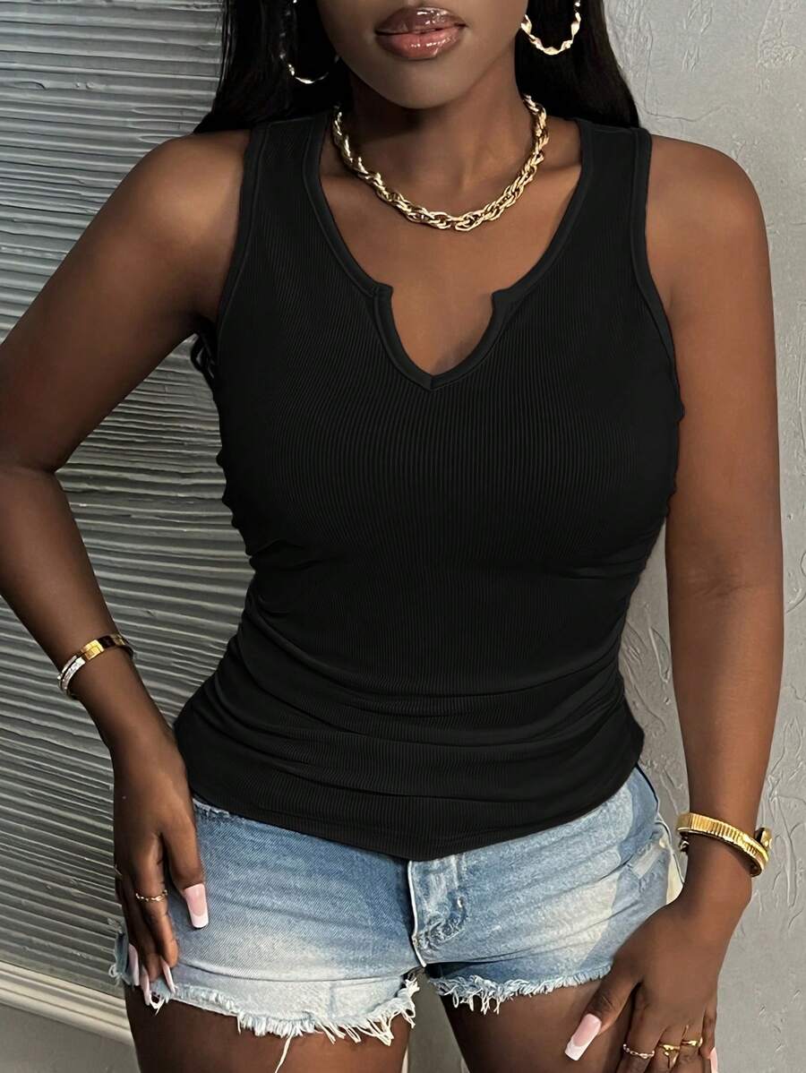 Slaydiva Simplistic Casual Basic Daily Notched Neck Sleeveless Side Ruched Fitted Short Sleeve Ribbed Stretch Black Tank Top For Women - Black - View 1