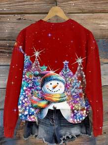 EMERY ROSE Casual Minimalistische Sneeuwman Print Ronde Hals Losse Lange Mouw Capuchon Sweatshirt Voor Dames, Geschikt Voor Herfst/Winter