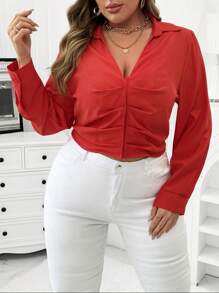 SHEIN Clasi 大码纯色休闲衬衫，简约时尚，新年日常穿着 - 紅色 - 查看 5