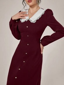 Modelyn 撞色蕾丝拼布彼得潘领长袖连衣裙酒红色长款女士装长款晚礼服 - 酒紅色 - 查看 3