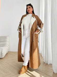 Flirla Chaqueta larga de talla grande informal con falso y ribete de pelo