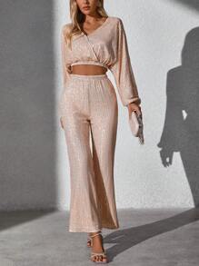 INAWLY 2pcs Women Sparkly Sequin Solid V-Neck Lantern Sleeve Crop Top And Flared Pants Elegant Set For Holiday Party Clothes Fall Cloth For Women - Champagne - View 4