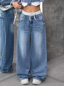 SHEIN Tienermeisje Y2K Blauwe Denim Thermische Gevoerde Kleur Blokkerende Tailleband Wijde Pijpen Broek, Herfst/Winter, Meisjes Herfst En Winterkleding, Coole Outfit/Meisjes Thanksgiving Outfit