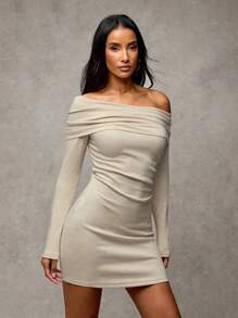 SHEIN BAE 女士杏色纯色保暖舒适羊绒针织褶皱紧身长袖连衣裙，适合秋冬季，非常适合分层搭配、休闲户外、办公室穿着、感恩节、新年前夜、圣诞派对