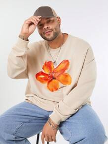 Manfinity VCAY Plus Size Men's Floral Print Pullover Sweatshirt Going Out Crew Neck Graphic Long Sleeve Casual Khaki Sweatshirt, For Friends, Husband, Boyfriend Gifts, For Fall Winter - Khaki - View 1