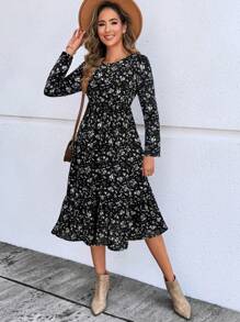 EMERY ROSE Women's Casual Floral Midi Dress, Autumn