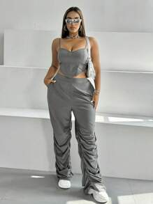 Maweii Conjunto informal de 2 piezas de talla grande con top de tirantes finos de unicolor y pantalones largos