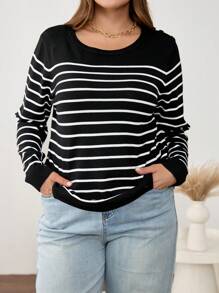 CosyJoli Plus Size Women Striped Round Neck Long Sleeve Casual T-Shirt, Autumn, For Winter Fall,Slightly Sheer