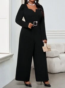 SHEIN Lady Autumn And Winter Elegant Commuting Office Black Knitted Notched Leg-Of-Mutton Sleeve Belted Long Long Sleeve Plus Size Jumpsuits Women Thanksgiving Outfit Women Winter Clothes Women Thanksgiving Winter Clothes New Years Outfit Holiday Outfits Winter Outfit Holiday Clothes Classy Outfits - Black - View 5