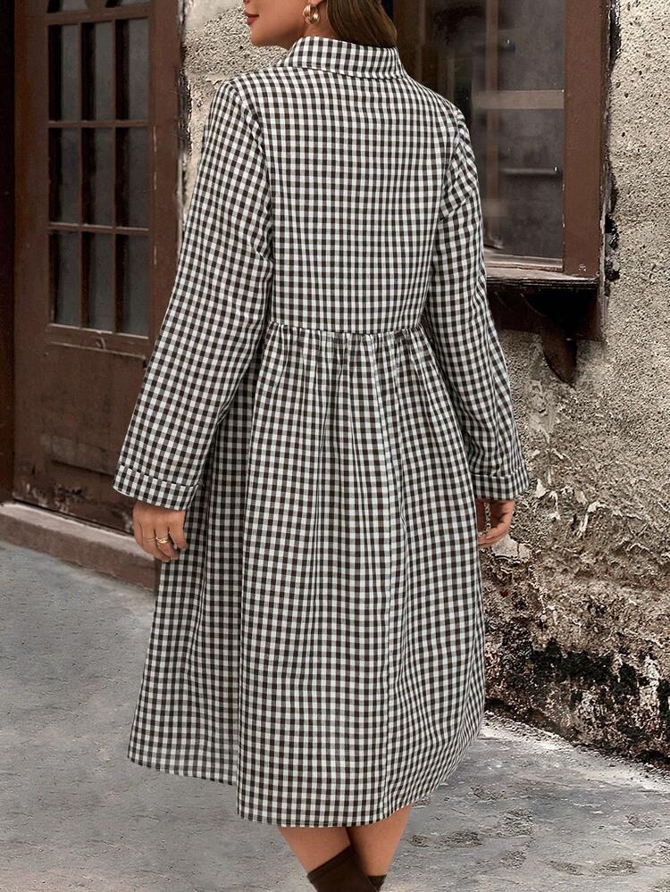 Plus Size Winter Women Plaid Print Long Sleeve Single-Breasted Casual Shirt Dress