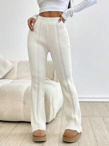 SHEIN Unity 女士高腰休闲白色罗纹针织裤 - 白色 - 查看 3