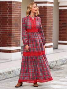 SHEIN VCAY Women Vintage Plaid Lantern Sleeve Patchwork A-Line Extra Long Casual Vacation Dress, Autumn/Winter