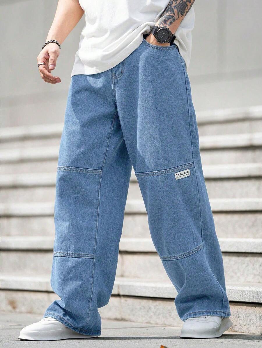 Manfinity EMRG Plus Size Men's Casual Letter Print Straight Leg Jeans - Light Wash - View 1