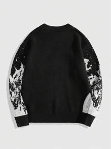 ROMWE MEN Goth Áo len dệt kim họa tiết xương màu khối thời trang dạo phố thu đông cho nam, phong cách Halloween, Grunge, áo dài tay - màu đen - Xem 2